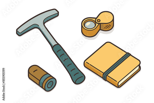 Essential geologist tools set with rock hammer, magnifying loupe, and field journal