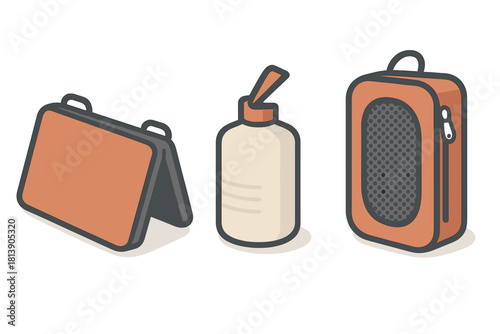 Essential gear collection featuring a folding board, liquid dispenser, and zippered case