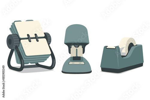 Classic supplies collection featuring a rotary card, stapler, and tape dispenser