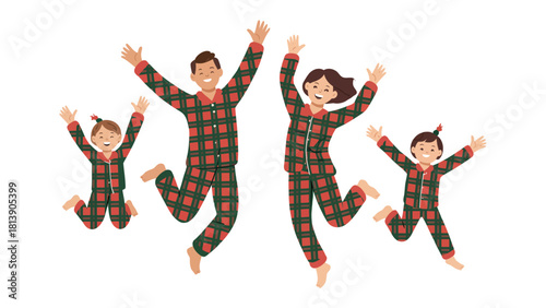 Family Joy in Matching Pajamas: A joyful family leaps high in the air, donned in coordinated pajamas, exuding warmth and connection. Expressing the bond and merriment within a family.