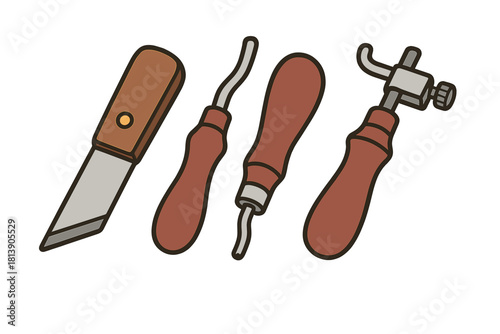 Essential tools for leather crafting and working: knife, groovers, and stamping device