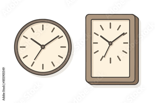 Classic round and rectangular analog clocks showing time with hour and minute hands