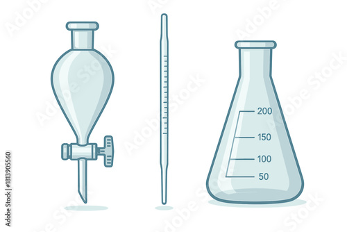 Separatory funnel, measuring pipette, and conical Erlenmeyer flask glassware set