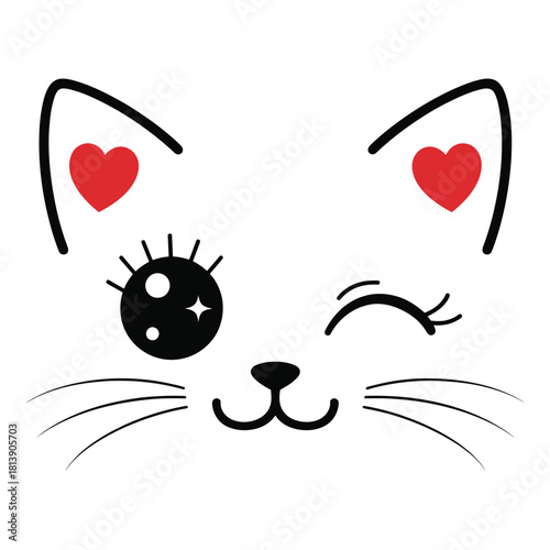 Cute cartoon cat face winking with one eye, featuring red hearts in the ears and a sparkly eye, isolated on