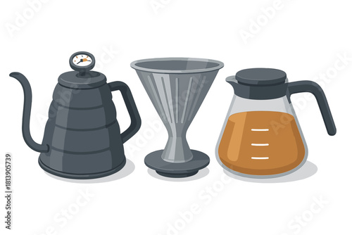 Modern pour-over coffee brewing equipment set with kettle, dripper, and glass server