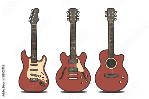 Three classic guitar types displayed side by side: solid body, semi-hollow, and acoustic instruments
