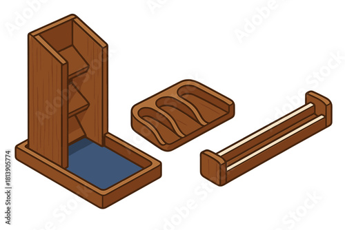 Isometric wooden dice tower with blue felt base and matching accessory trays for tabletop games