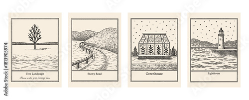 静かな冬景色のペン画カードセット、Quiet Winter Scenery Pen-drawn Card Set
