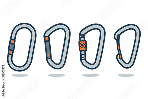 Different types of safety carabiners for climbing, mountaineering, and industrial rigging