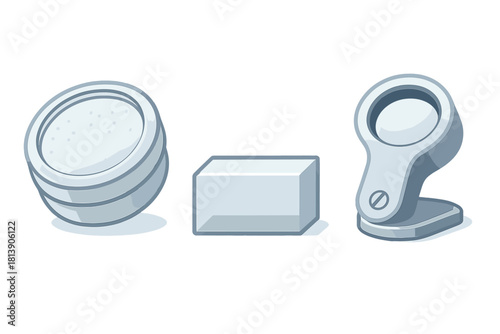 Three abstract gray symbols: layered disc, solid cube, and handheld scanner device