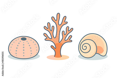 Stylized marine life set with sea urchin, branching coral, and spiral seashell