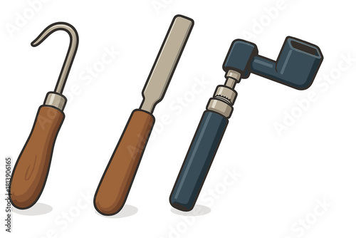 Assortment of specialized carving and shaping tools featuring a hook, a flat chisel, and a pipe reamer