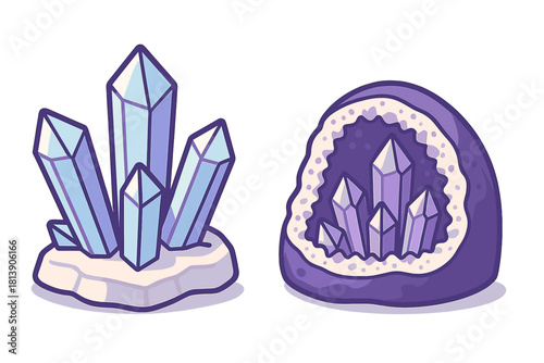 Stylized cluster of light blue quartz crystals and purple amethyst geode formation