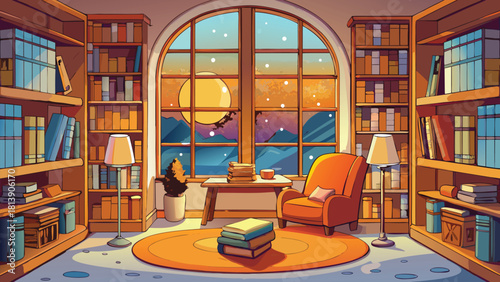 Old-fashioned cartoon study room featuring a rustic wooden shelf vector illustration ai generated art