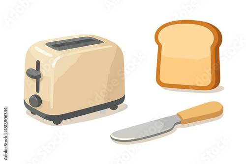 Retro toaster, bread slice, and butter knife kitchen appliance set on white background