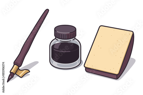Classic writing instruments featuring a dip pen, bottle of black ink, and a blotting sponge