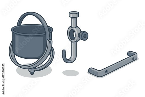 Camping cooking pot, adjustable hook, and metal bar for outdoor fire setup