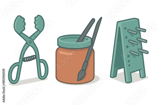 Tongs paint jar brushes and drying rack stand for hobby craft or laboratory work