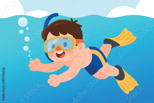 Vector cartoon illustration of child snorkeling underwater with mask, tube, and yellow flippers