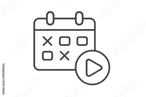 Calendar scheduling icon combined with a media play button symbol for content planning