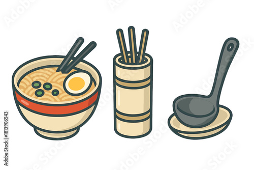 Japanese ramen noodle soup bowl with chopsticks, chopstick holder, and serving ladle set