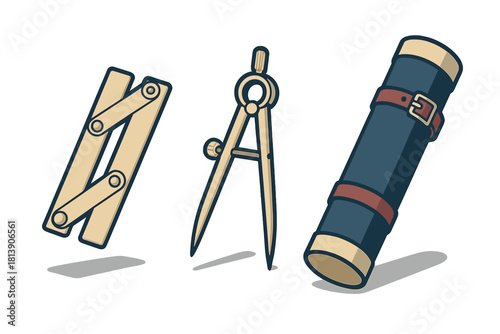 Set of drafting tools including folding ruler, drawing compass, and blueprint tube