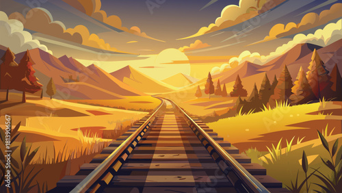 Lonely train crossing set in wide open rural farmland vector illustration ai generated art