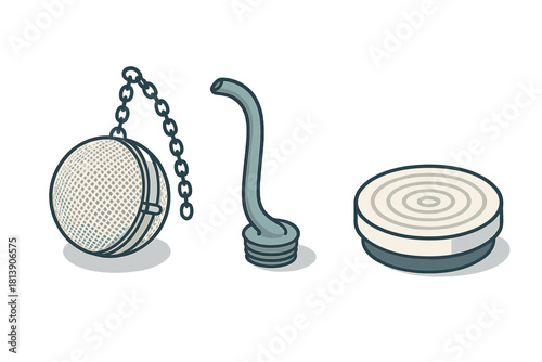 Isometric set of plumbing parts including a drain stopper, curved pipe, and circular cap