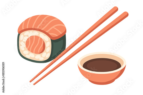 Single salmon maki sushi roll served with chopsticks and soy sauce bowl