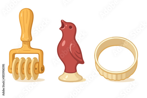 Baking utensils assortment including lattice dough cutter and various cookie molds