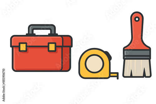 Toolbox, tape measure, and paintbrush set for home improvement and repair projects