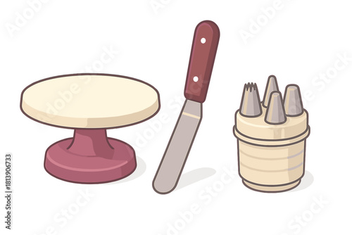 Essential tools set for cake decorating with turntable, spatula, and piping tips