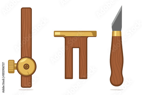 Traditional woodworking hand tools set with marking gauge, carving knife, and wooden block