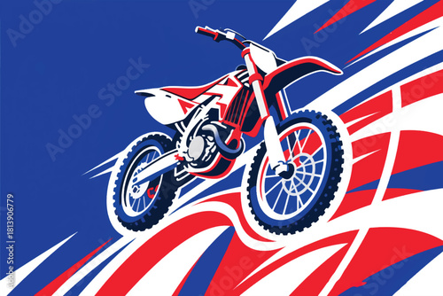 Vector illustration of dirt bike in mid air with abstract red, white, and blue background lines.