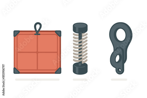 Set of industrial components including reinforced box, spring mechanism, and metal link