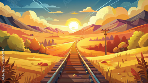 Rural farmland landscape with a quiet railway crossing vector illustration ai generated art