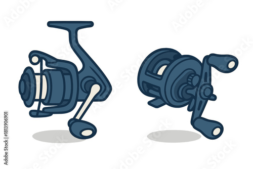 Two types of fishing reels, spinning reel and baitcasting reel equipment