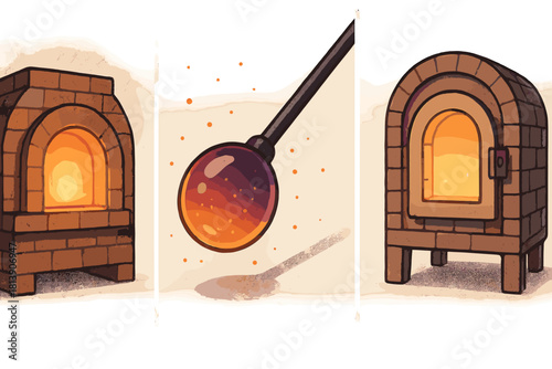 Traditional brick furnaces flanking a glowing molten glass bubble on a blowpipe