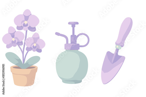 Potted orchid flower, plant mister spray bottle, and garden hand trowel set