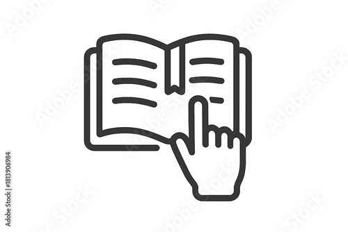 Hand pointing at an open book with a bookmark ribbon line art graphic