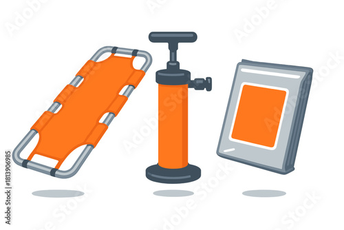 Emergency medical equipment set with rescue stretcher, manual pump, and essential supplies