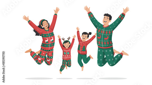 Joyful Family Jump: A vibrant illustration captures the exuberant energy of a family jumping with pure glee, radiating warmth and togetherness. Perfect for celebrating special bonds.