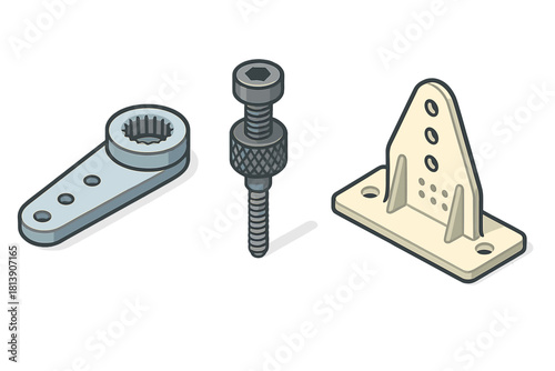 Mechanical assembly parts set including servo horn, fastener, and mounting base