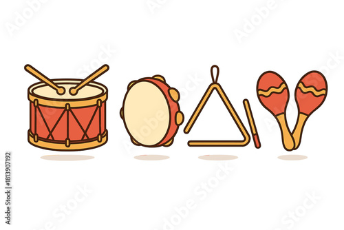 Classic set of percussion instruments: drum, tambourine, triangle, maracas