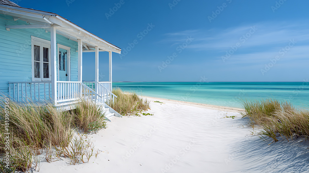 Fototapeta premium Light blue beach house with white porch and railing overlooking turquoise ocean and white sand image