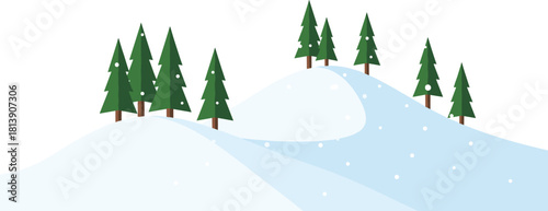 Flat Design Winter Landscape with Snow Covered Hills and Pine Trees
