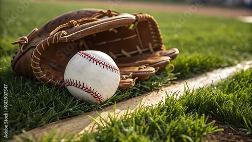A closeup shot of a leather baseball glove resting on the green grass next to a white baseball near the foul line of a field
