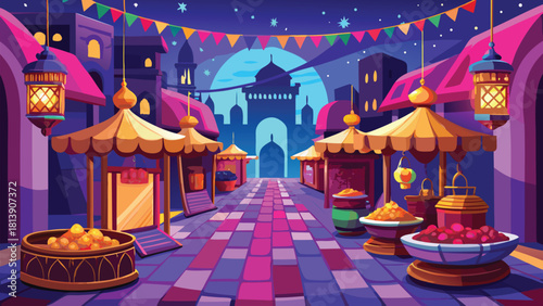 Vibrant ramadan street market glowing with colourful vector illustration ai generated art