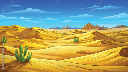 Vast desert of golden dunes under clear blue sky vector illustration ai generated art