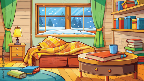 Vintage-style cartoon study room with a classic wooden shelf vector illustration ai generated art